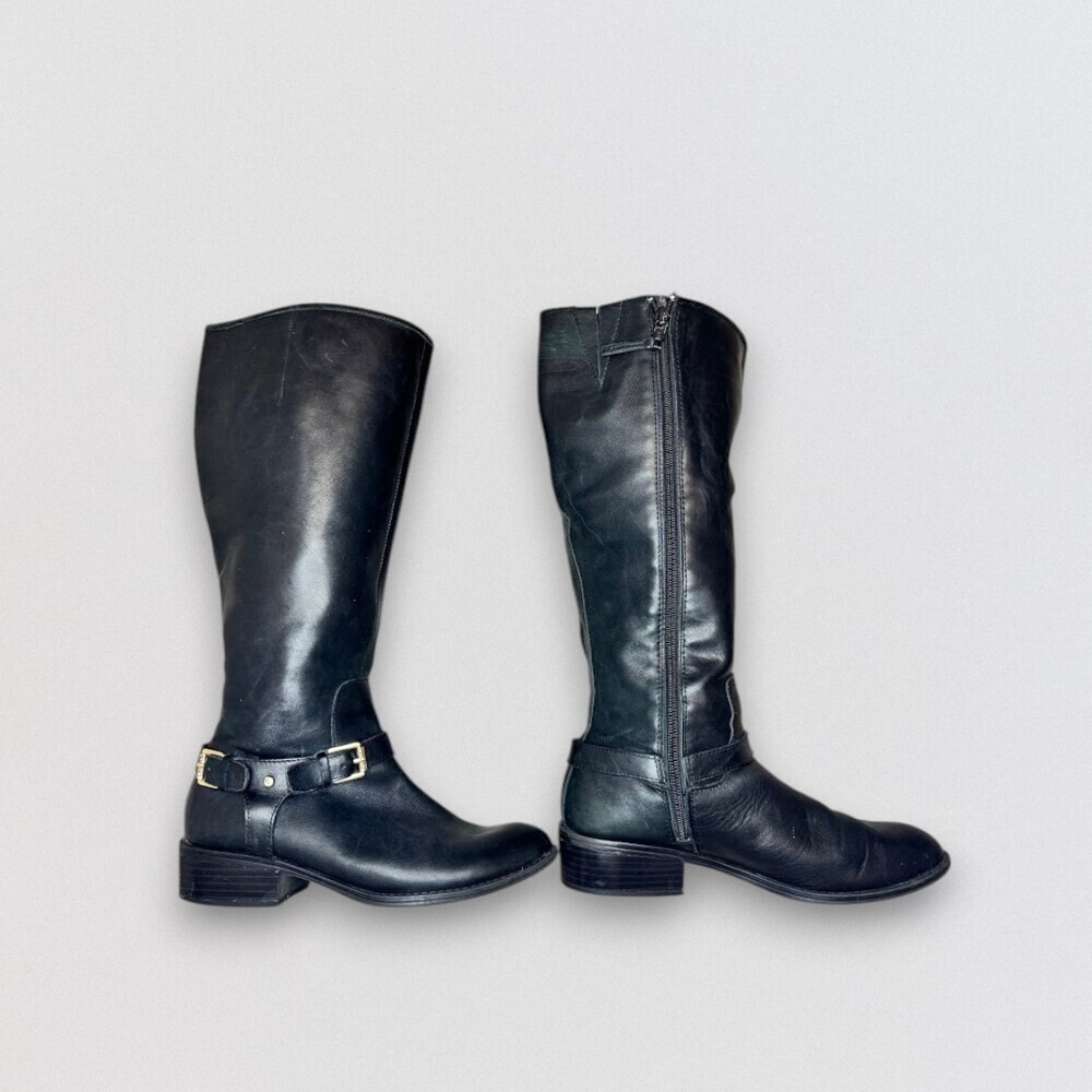 Black Leather Tall Riding Boots Gold Buckle Side Zip Women's Size 7B - Picture 5 of 6